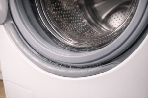 Water droplets along the lower edge of a washing machine door seal