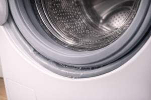 Water pooling along the bottom edge of a washing machine door seal