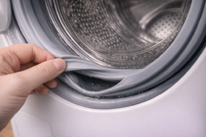Washing machine door seal pulled back to inspect inner rubber folds