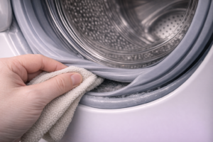 Cleaning a washing machine door seal with a soft cloth