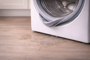 Older washing machine with water on floor near front door area