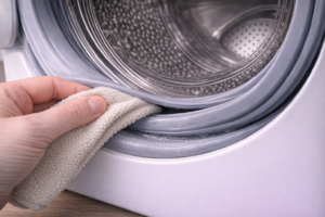 Drying washing machine door seal with soft cloth to prevent buildup