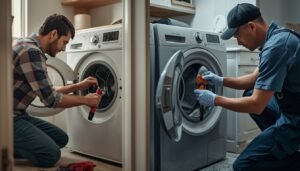 split image showing homeowner replacing washer door seal and technician performing professional repair for comparison